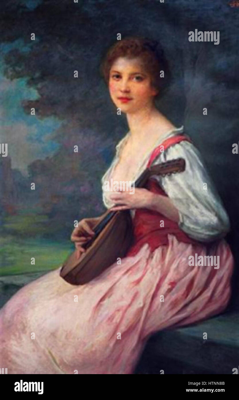 "La mandoline" di Charles-Amable Lenoir è un dipinto del XIX secolo di una donna che suona il mandolino. Le opere d'arte mettono in risalto l'eleganza della musica e la grazia femminile in un ambiente intimo. Foto Stock