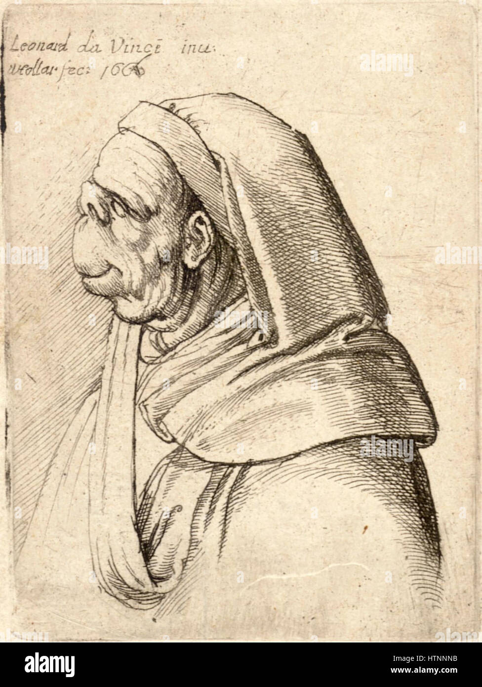 L’«uomo con un piccolo naso rovesciato e un labbro superiore molto alto» è un’incisione dettagliata di Wenceslas Hollar. L'opera evidenzia le caratteristiche di un individuo, concentrandosi sulle caratteristiche facciali che erano spesso esagerate nella ritrattistica barocca. Foto Stock