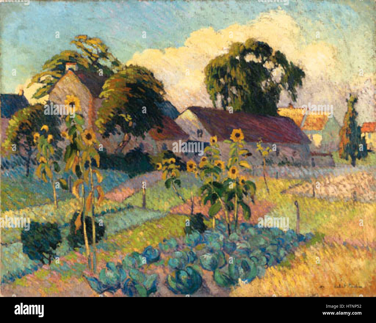 Il dipinto del 1912 di Robert Antoine Pinchon "Jardin en environs de Rouen" cattura un tranquillo paesaggio di giardini nelle vicinanze di Rouen. L'uso vibrante dei colori e delle pennellate testurizzate evocano la calma e la bellezza dell'ambiente naturale, caratteristico dell'impressionismo francese. Foto Stock