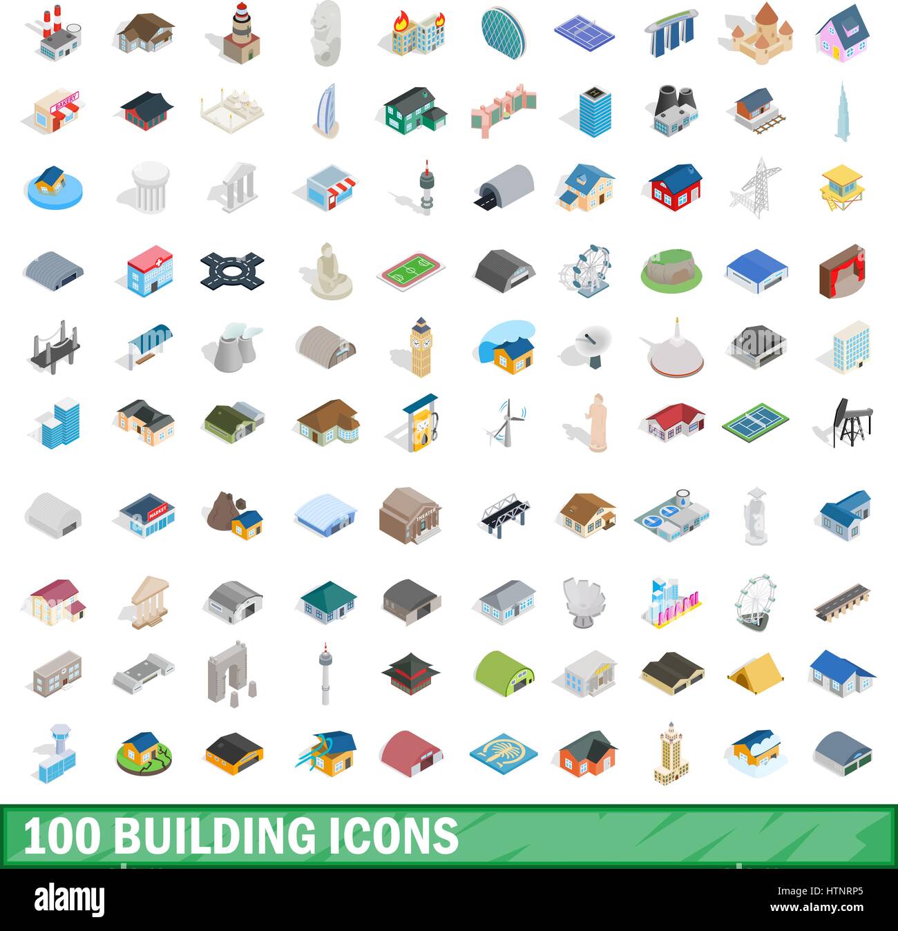 Edificio 100 set di icone isometrica 3d style Illustrazione Vettoriale