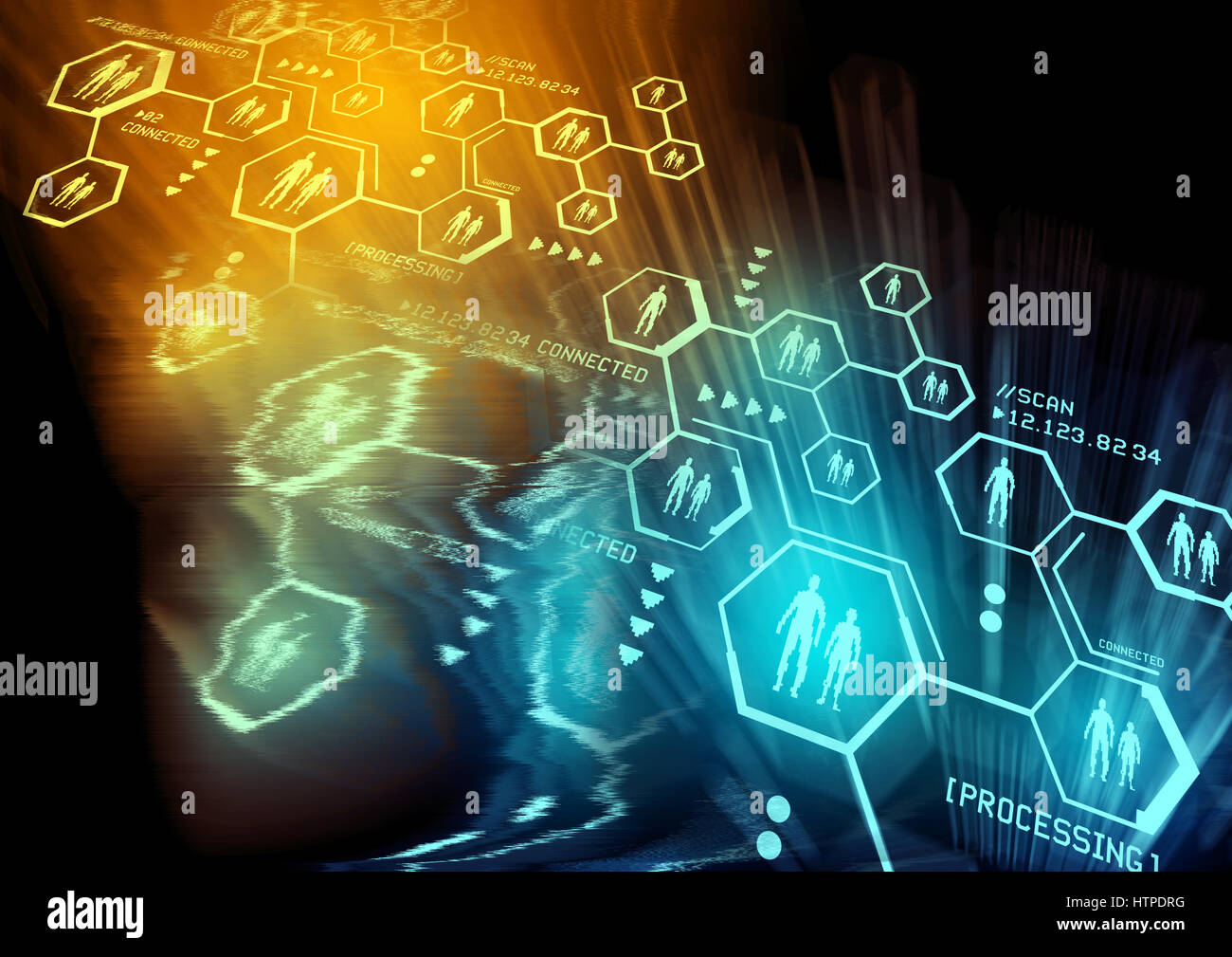 Persone collegate. Una fitta rete di squadre, individui, dati e tecnologia. Illustrazione. Foto Stock