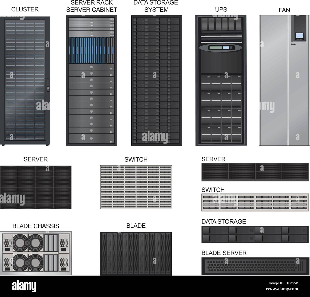 Sala server vettore attrezzature set. dati icona centro raccolta. fila di server di rete isolato su sfondo bianco. Illustrazione Vettoriale