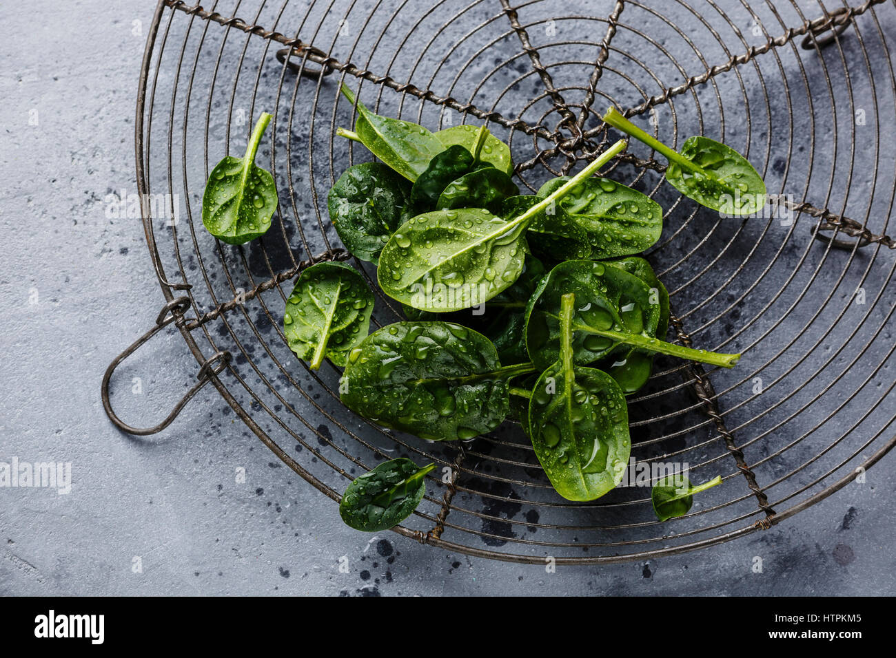 Crudo fresco baby spinaci sulla rastrelliera metallica sul cemento grigio Sfondo close-up Foto Stock