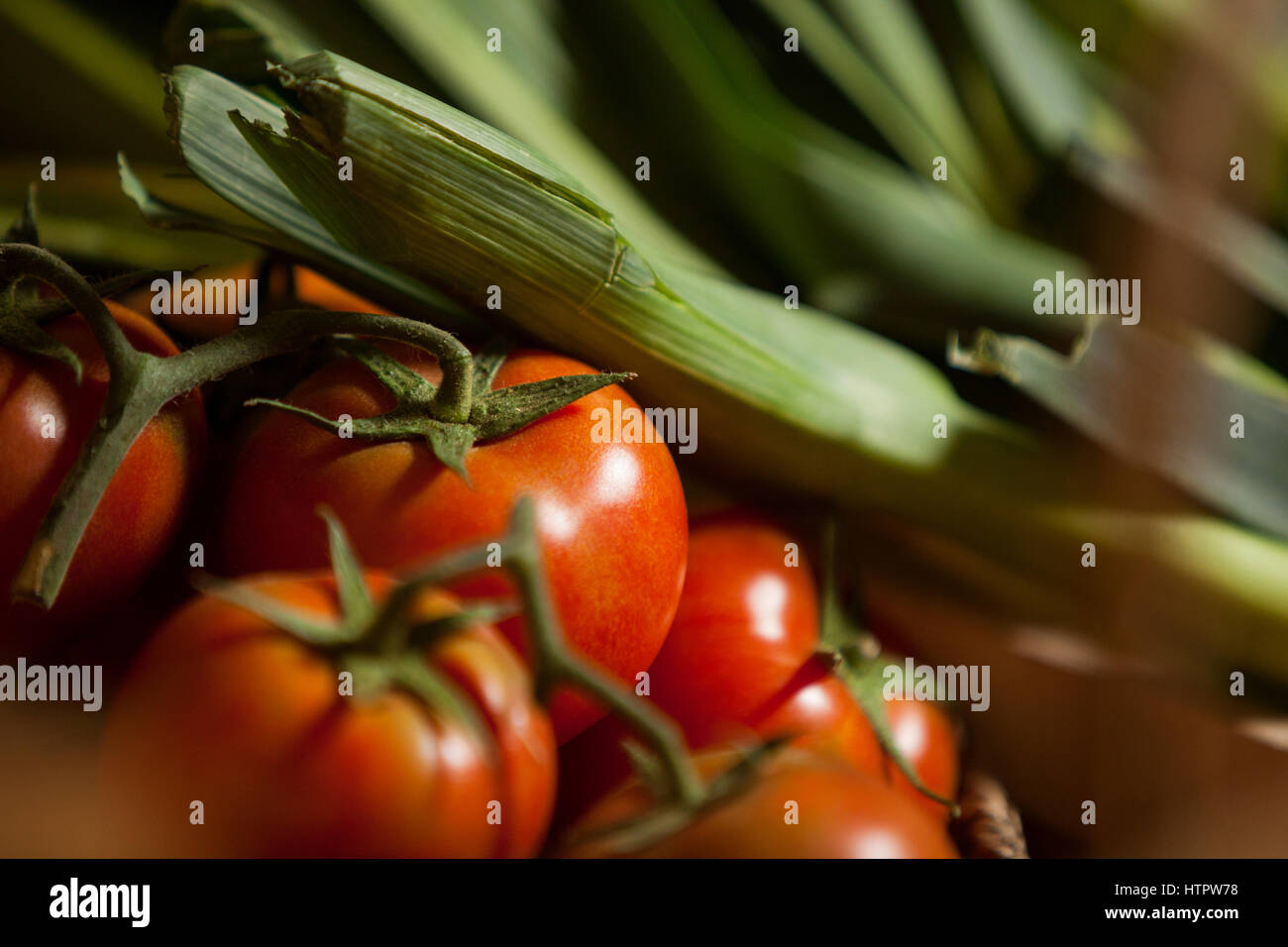 Close-up di pomodori freschi e vegetali frondosi nel supermercato Foto Stock