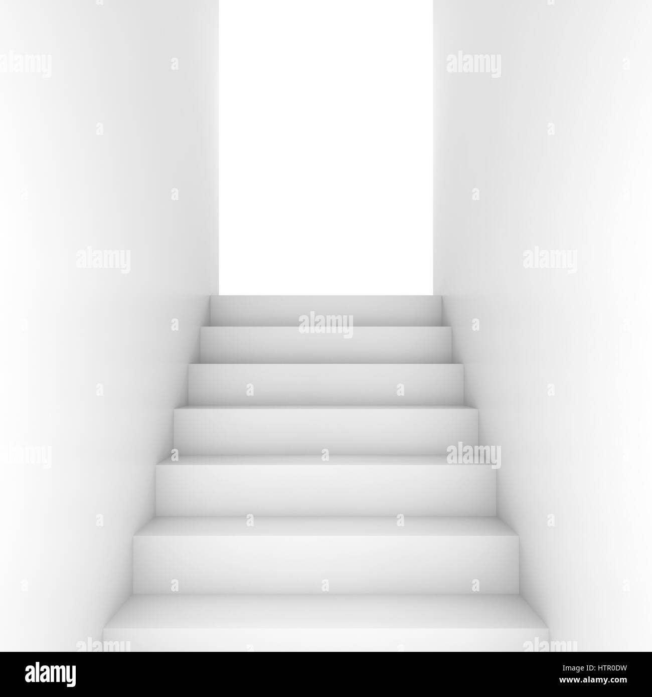 Scala di colore bianco va fino alla apertura della porta incandescente, abstract interno vuoto sfondo, vista frontale, 3d illustrazione Foto Stock