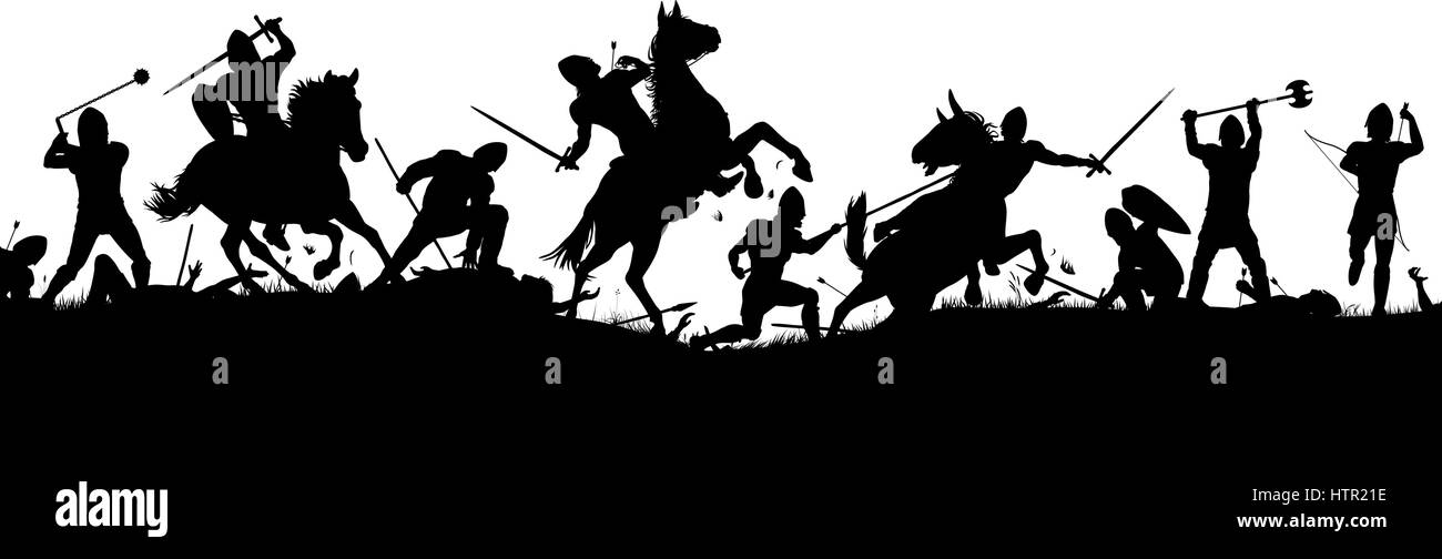 Silhouette di vettore illustrazione di una battaglia medievale in scena con la cavalleria e la fanteria con figure come oggetti separati Illustrazione Vettoriale