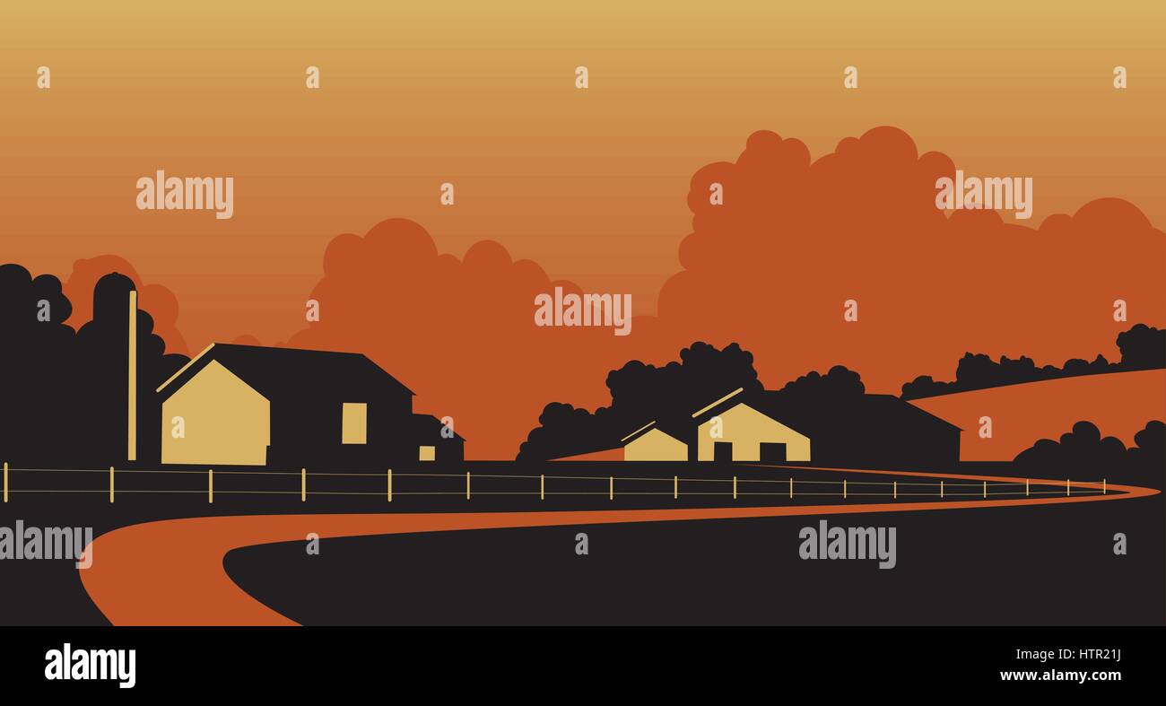 Illustrazione vettoriale di una fattoria rurale nelle colline Illustrazione Vettoriale