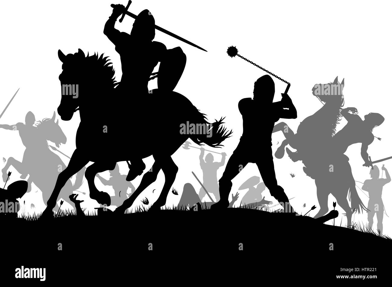 Silhouette di vettore illustrazione di una battaglia medievale in scena con la cavalleria e la fanteria Illustrazione Vettoriale