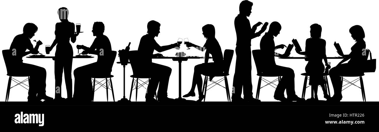 Silhouette di vettore illustrazione del popolo di pranzare in un ristorante affollato con tutti i dati come oggetti separati Illustrazione Vettoriale