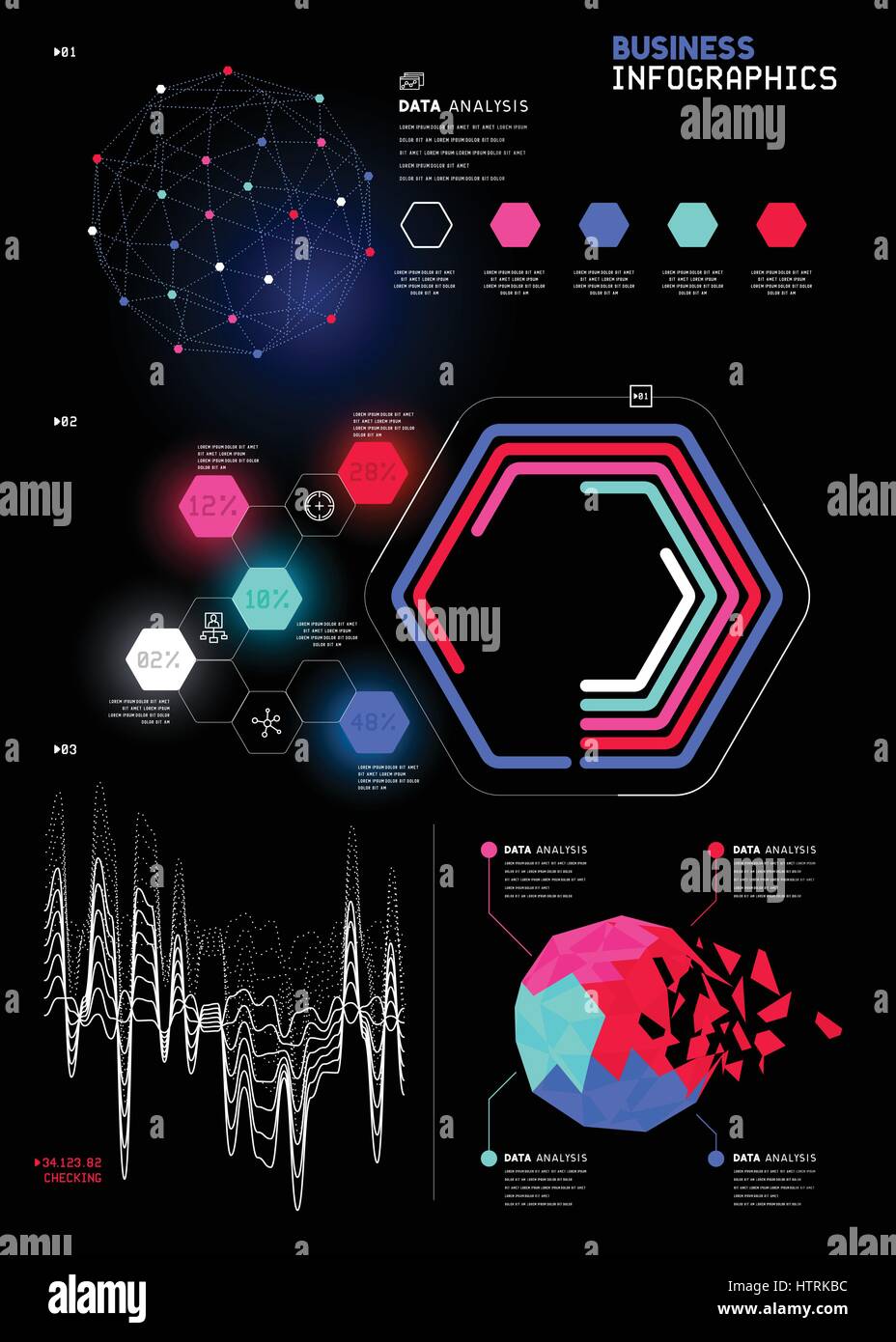 Una serie dettagliata di business infografico i grafici di statistiche e di relazioni. Illustrazione Vettoriale. Illustrazione Vettoriale
