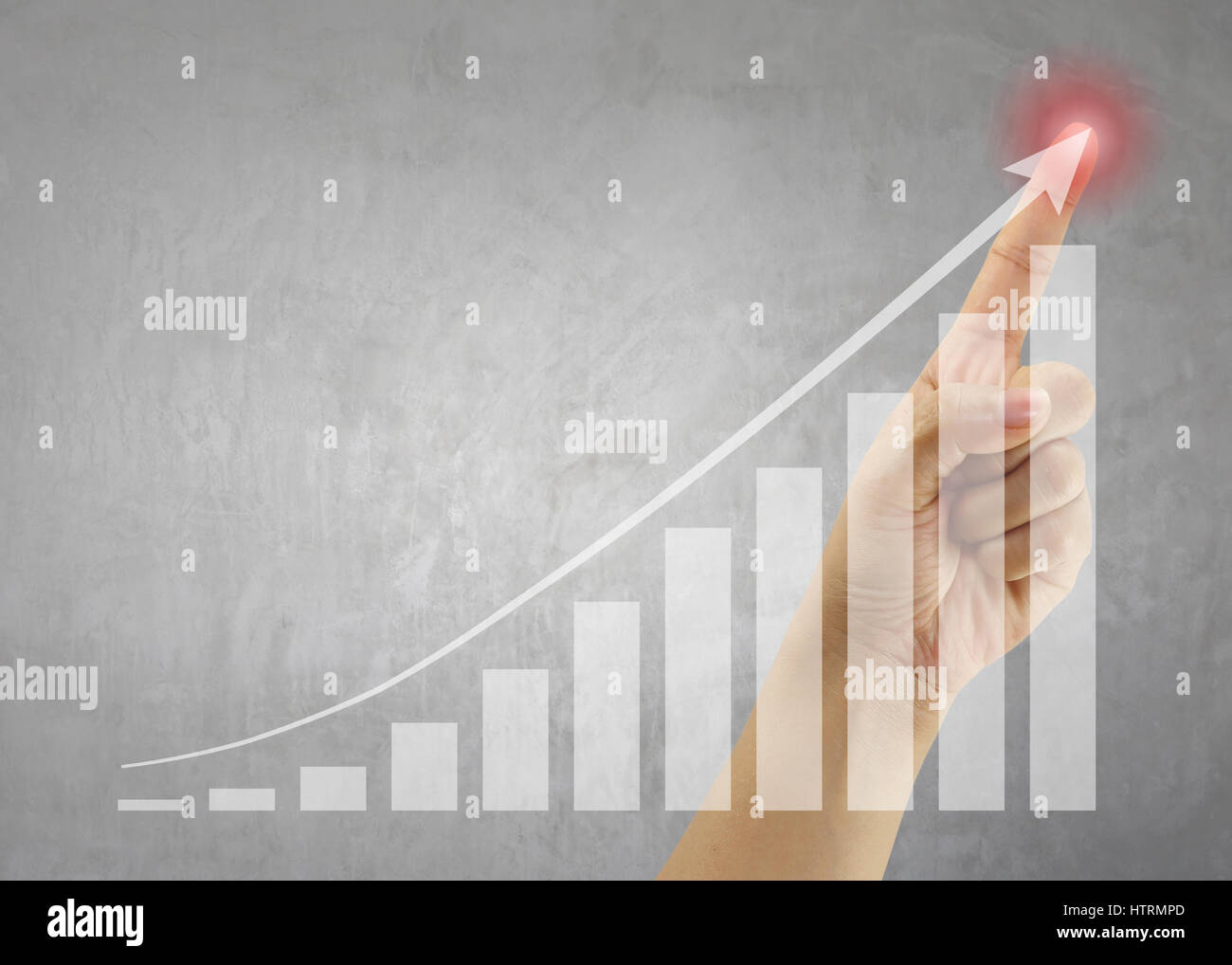 Mano di persone al punto più alto del grafico a barre per la presentazione e la pubblicità per promuovere il tuo business. Foto Stock