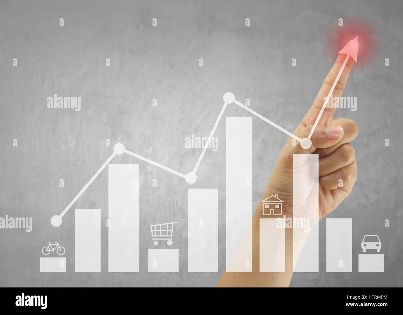 Mano di persone al punto più alto del grafico a barre per la presentazione e la pubblicità per promuovere il tuo business. Foto Stock