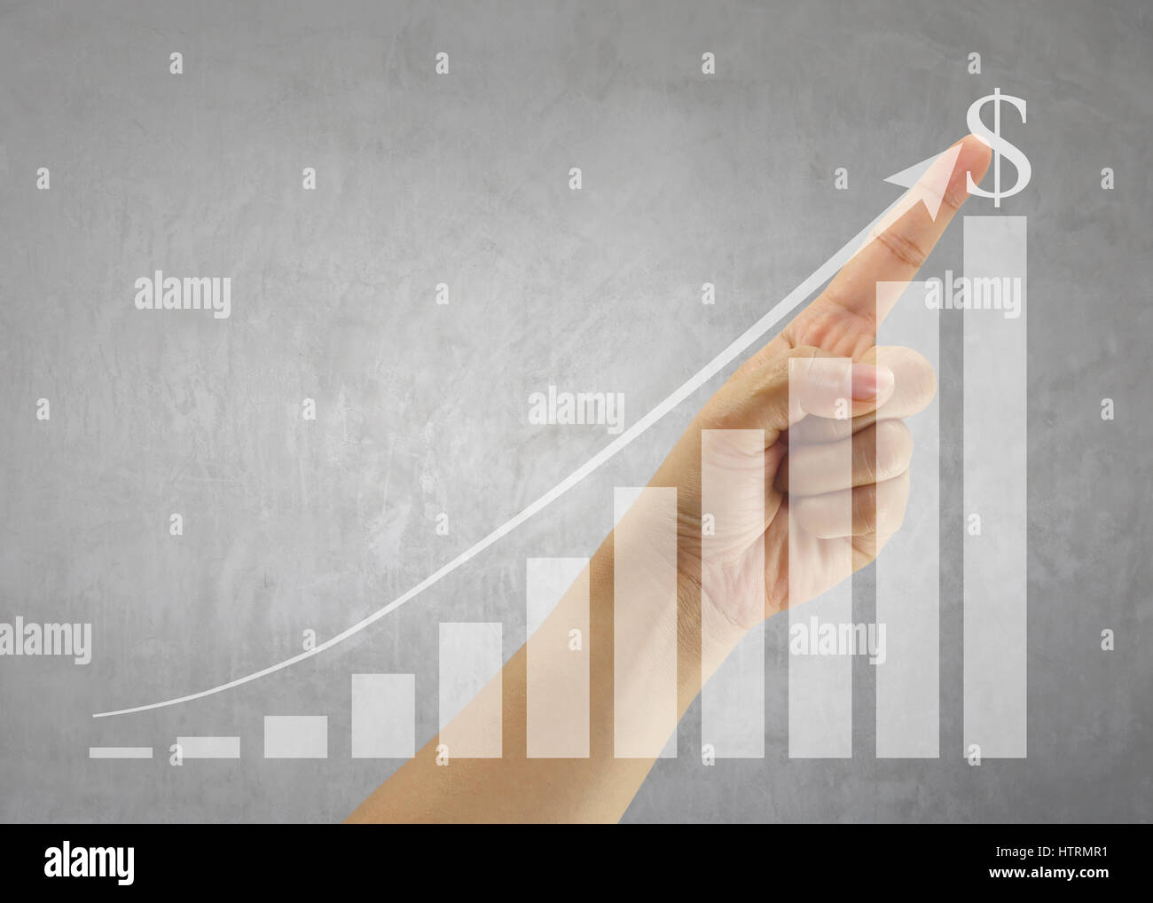 Mano di persone al punto più alto del grafico a barre per la presentazione e la pubblicità per promuovere il tuo business. Foto Stock