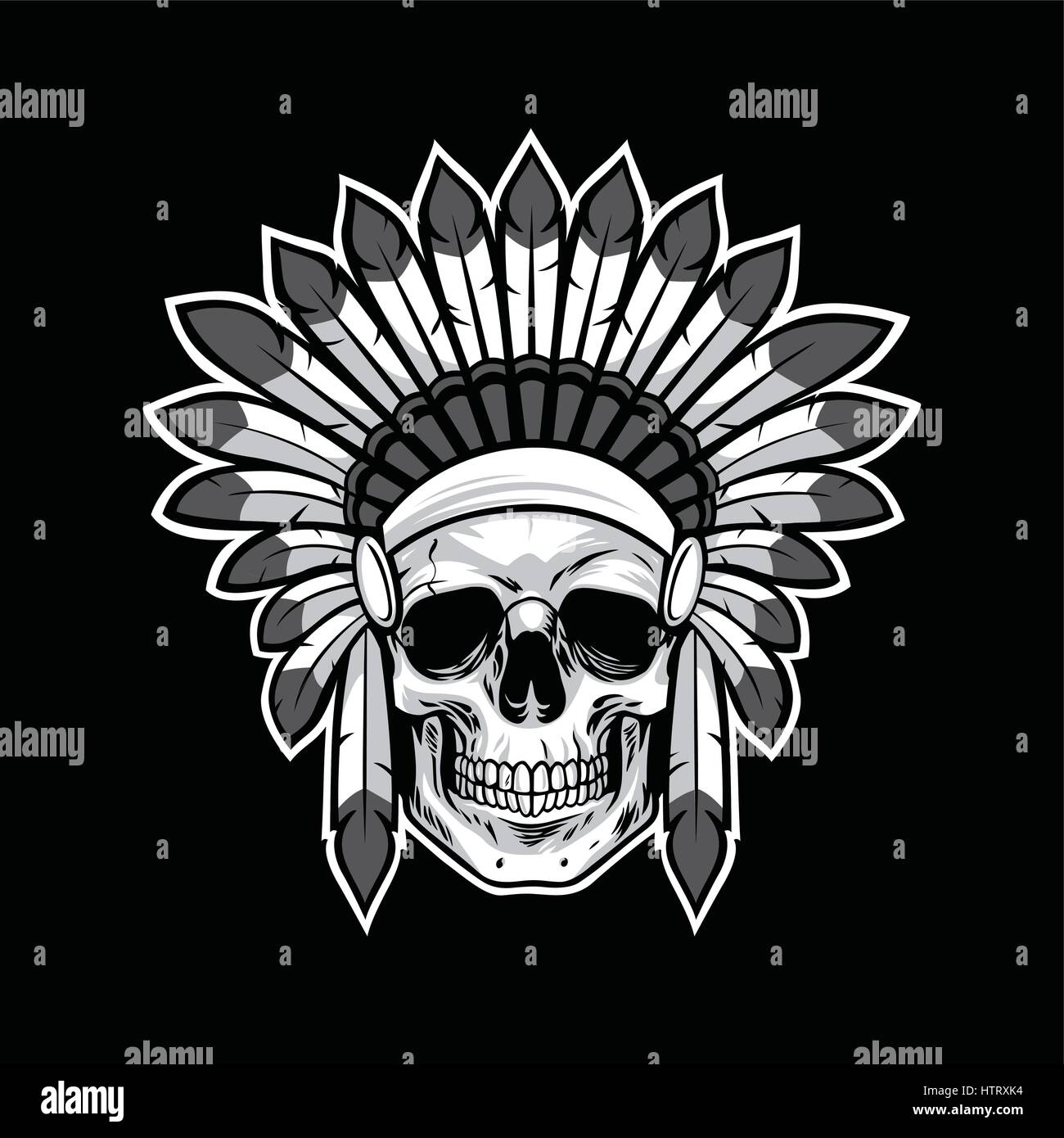 Cranio di Native American Indian guerriero. Sfondo nero vettore Illustrazione Vettoriale