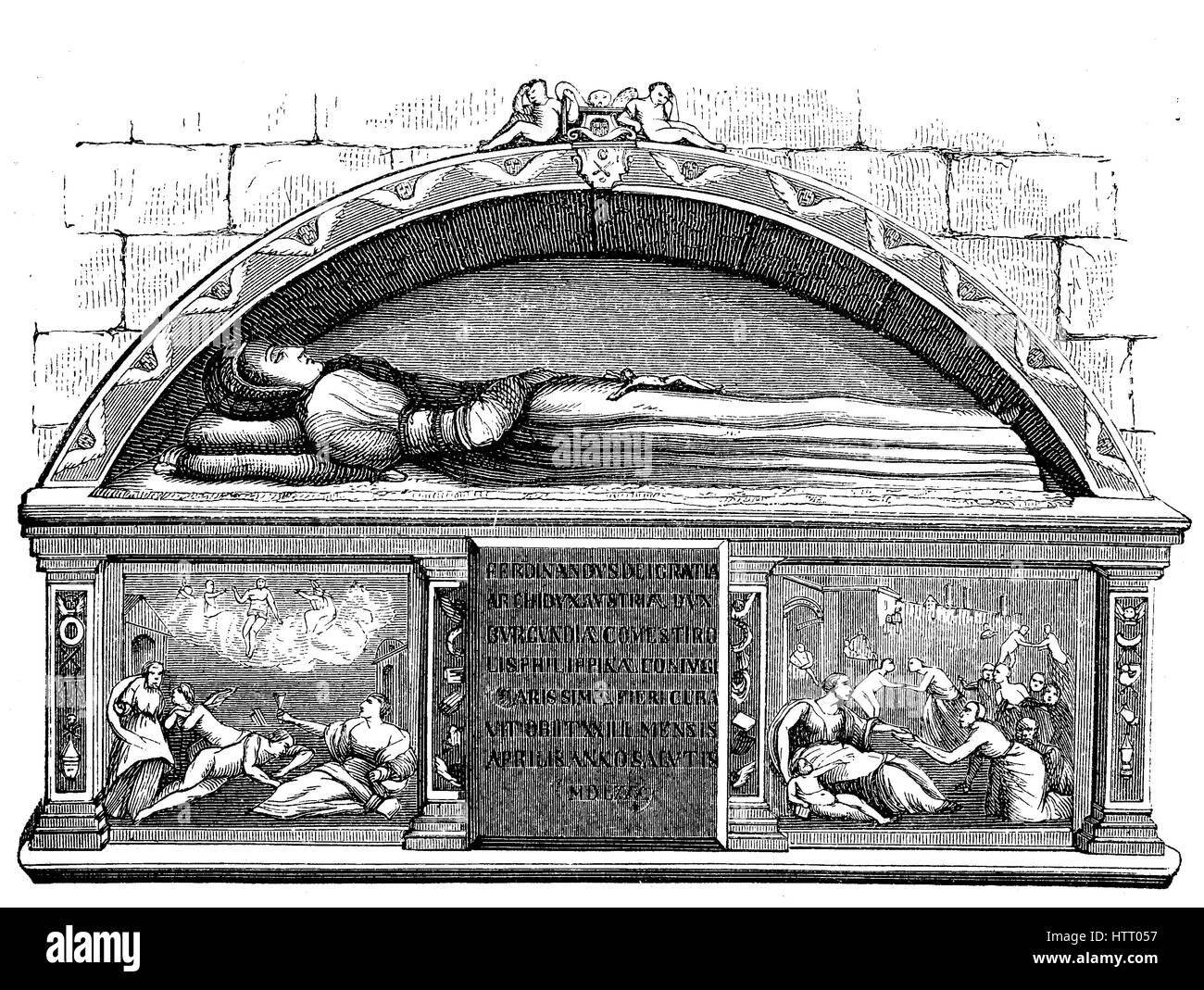 Tomba di Philippine a Innsbruck, Austria, Philippine Welser, 1527 - 24 aprile 1580, è stata la moglie morganatica di Ferdinando II, Arciduca d'Austria, la riproduzione di una xilografia a partire dall'anno 1880, digitale migliorata Foto Stock