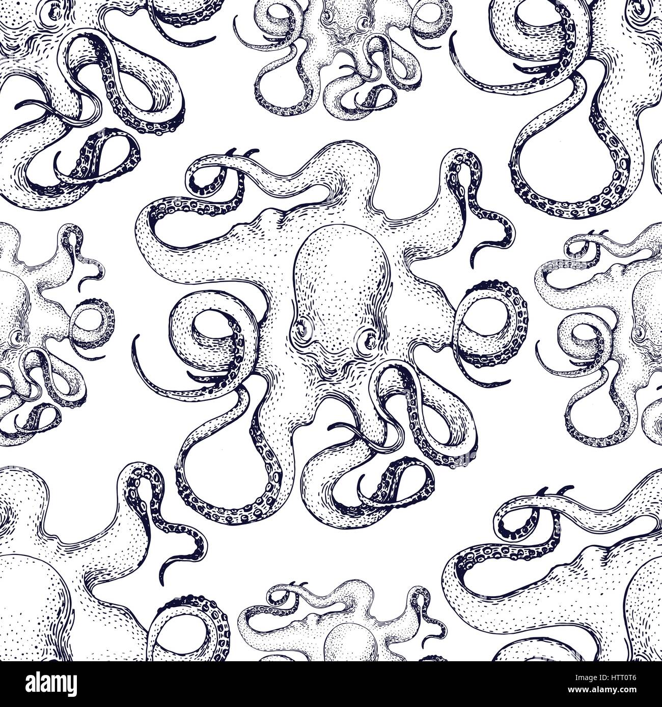 Disegnato a mano vettore octopus seamless pattern . Illustrazione Vettoriale