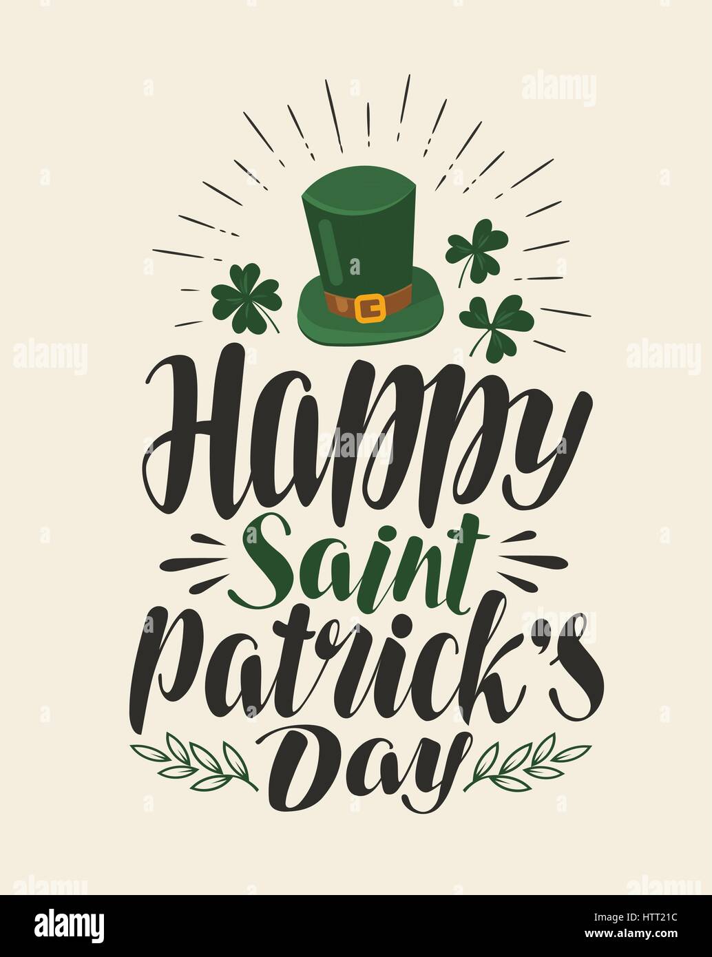 Felice st. Patrick's Day, vintage greeting card. Holiday, birra irlandese festival banner. Lettering, calligrafia illustrazione vettoriale Illustrazione Vettoriale