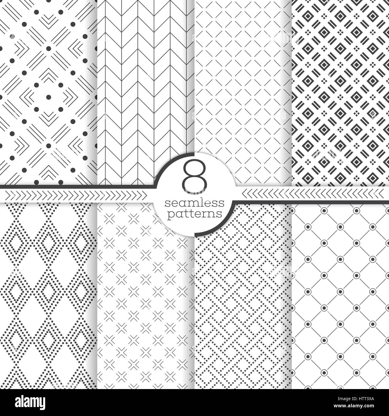 Modello senza giunture. Set di otto astratti sfondi testurizzato. Moderno ed elegante texture. Ripetono regolarmente e ornamenti geometrici con forme diverse Illustrazione Vettoriale