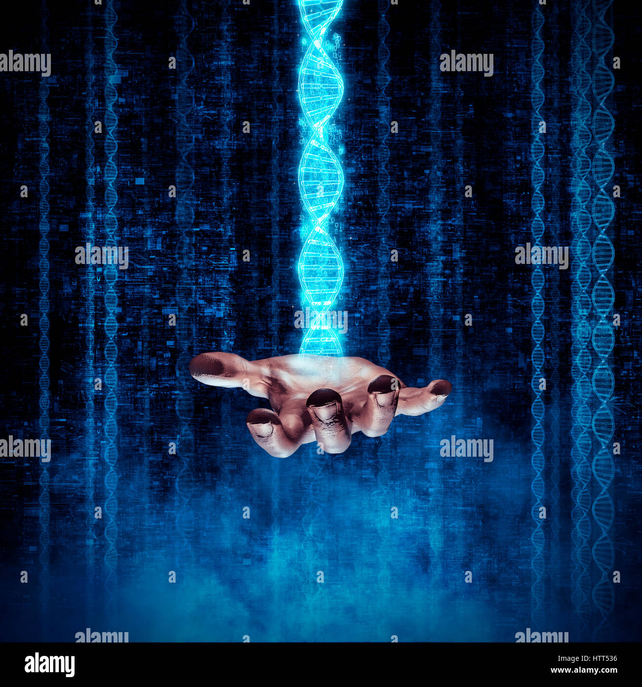 La padronanza di evoluzione umana / 3D illustrazione della doppia elica del DNA struttura che si eleva dalla mano aperta Foto Stock