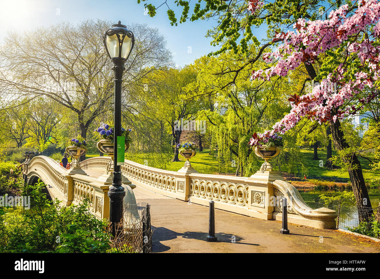 Ponte di prua a Central park a primavera giornata soleggiata, New York City Foto Stock