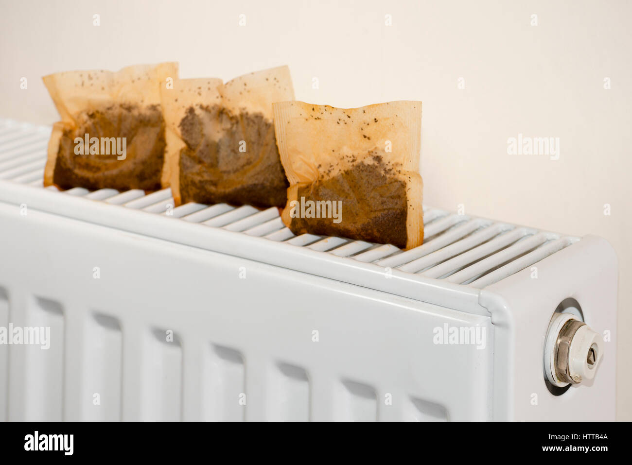 Utilizzate delle bustine di tè essiccazione su un radiatore. Risparmiare denaro frugale concetto di stile di vita. Foto Stock
