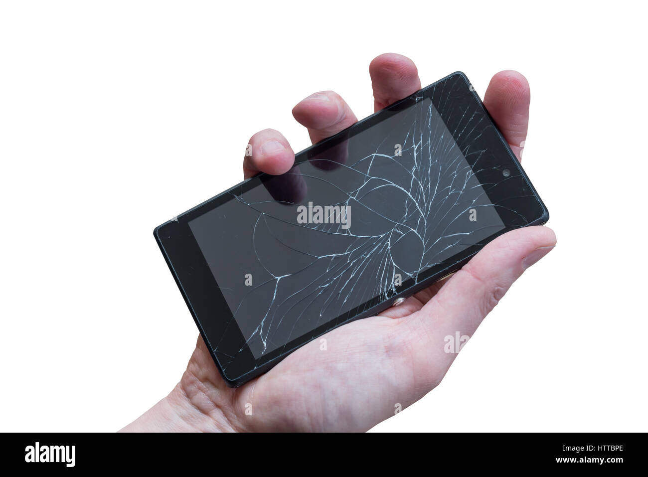 Mano che tiene una rotta smartphone, isolati su sfondo bianco Foto Stock