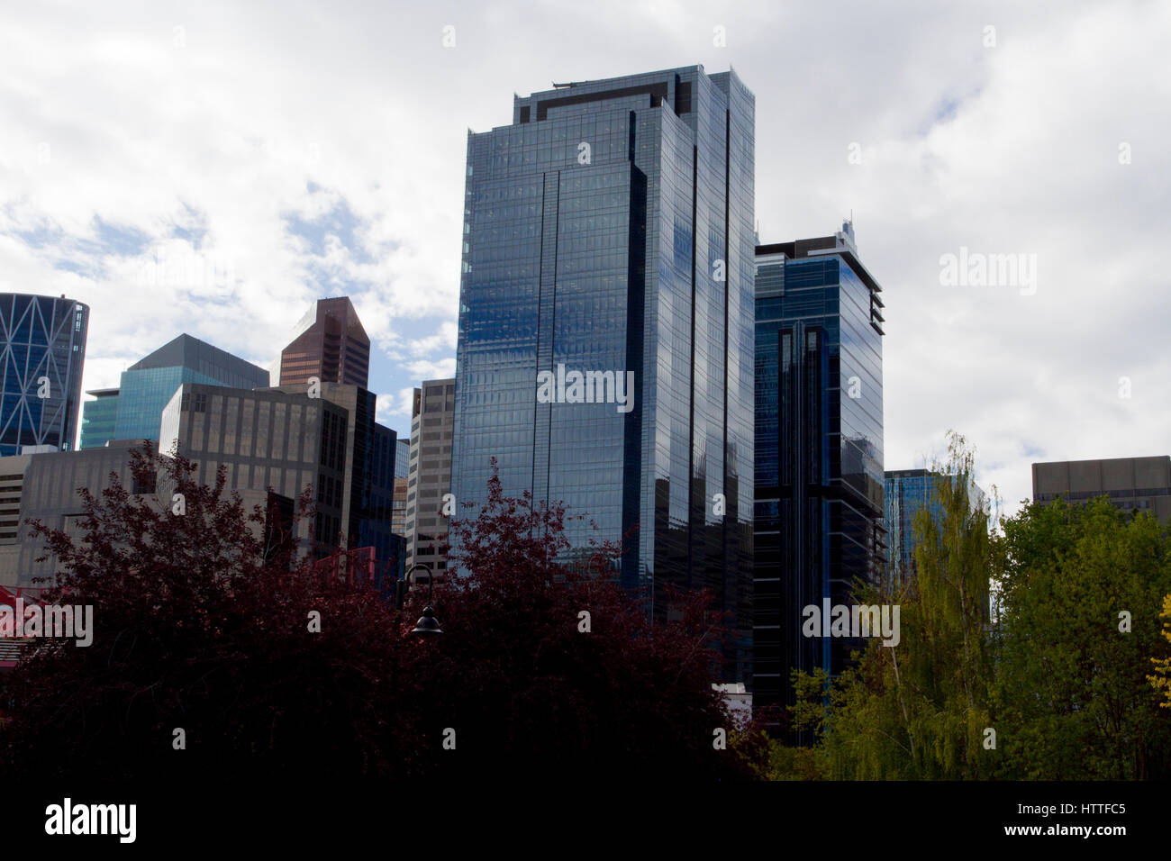 Edifici per uffici nel centro città di Calgary dal principe Island Park, Calgary, Alberta, Canada Foto Stock