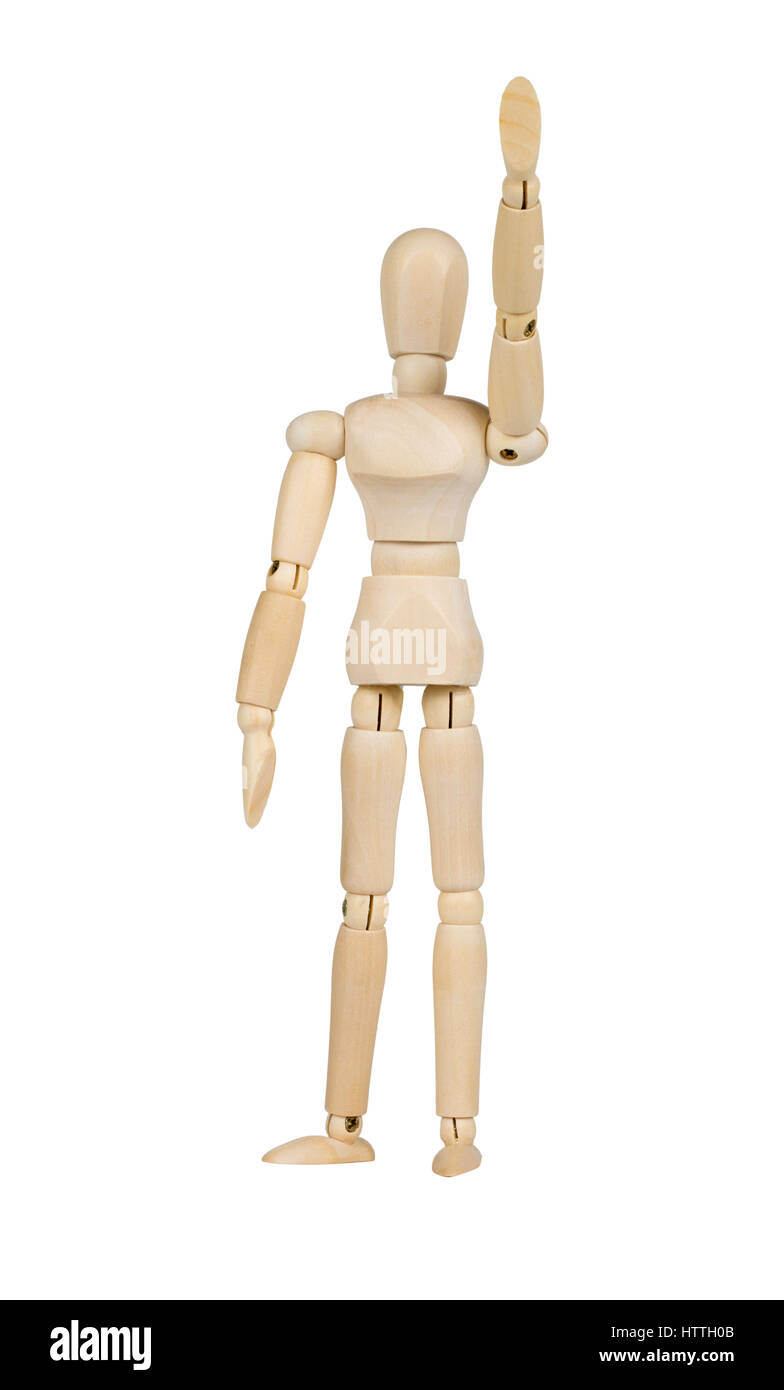 Figura in legno concetti di alzare la mano isolati su sfondo bianco Foto Stock