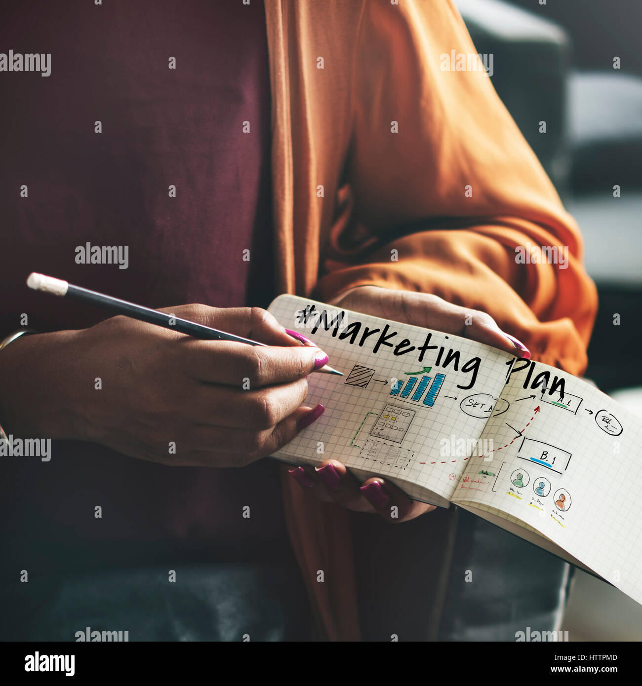 Il progresso del flusso di lavoro il piano di marketing Foto Stock