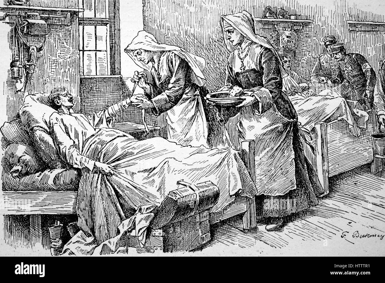 Persone militare della Germania nella Guerra franco-prussiana 1870 - 1871, infermiere cattoliche in un ospedale durante la guerra franco-prussiana o guerra franco-tedesca, la riproduzione di una xilografia dal 1882, digitale migliorata Foto Stock