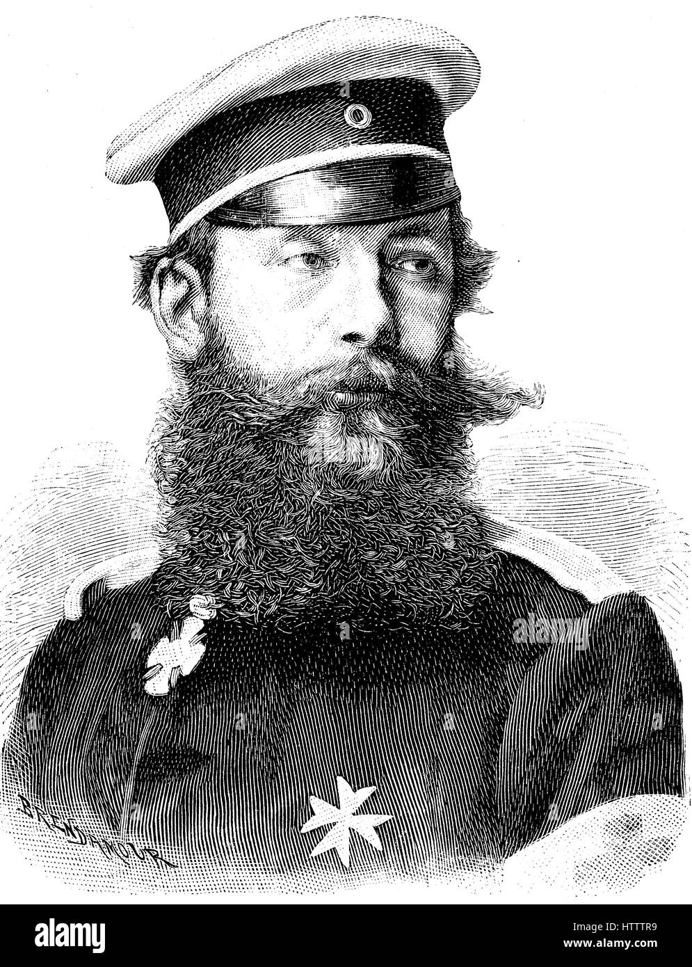 Persone militare della Germania nella Guerra franco-prussiana 1870 - 1871, Hans Heinrich XI, conte von Hochberg, principe di Pless, patrono di Fuerstenstein, 10 settembre 1833 a Berlino - Agosto 14, 1907 al castello di Albrechtsberg, Dresda, Germania, è stato un libero patrono, ingegnere minerario e generale della cavalleria dell'esercito prussiano, riproduzione di una xilografia dal 1882, digitale migliorata Foto Stock