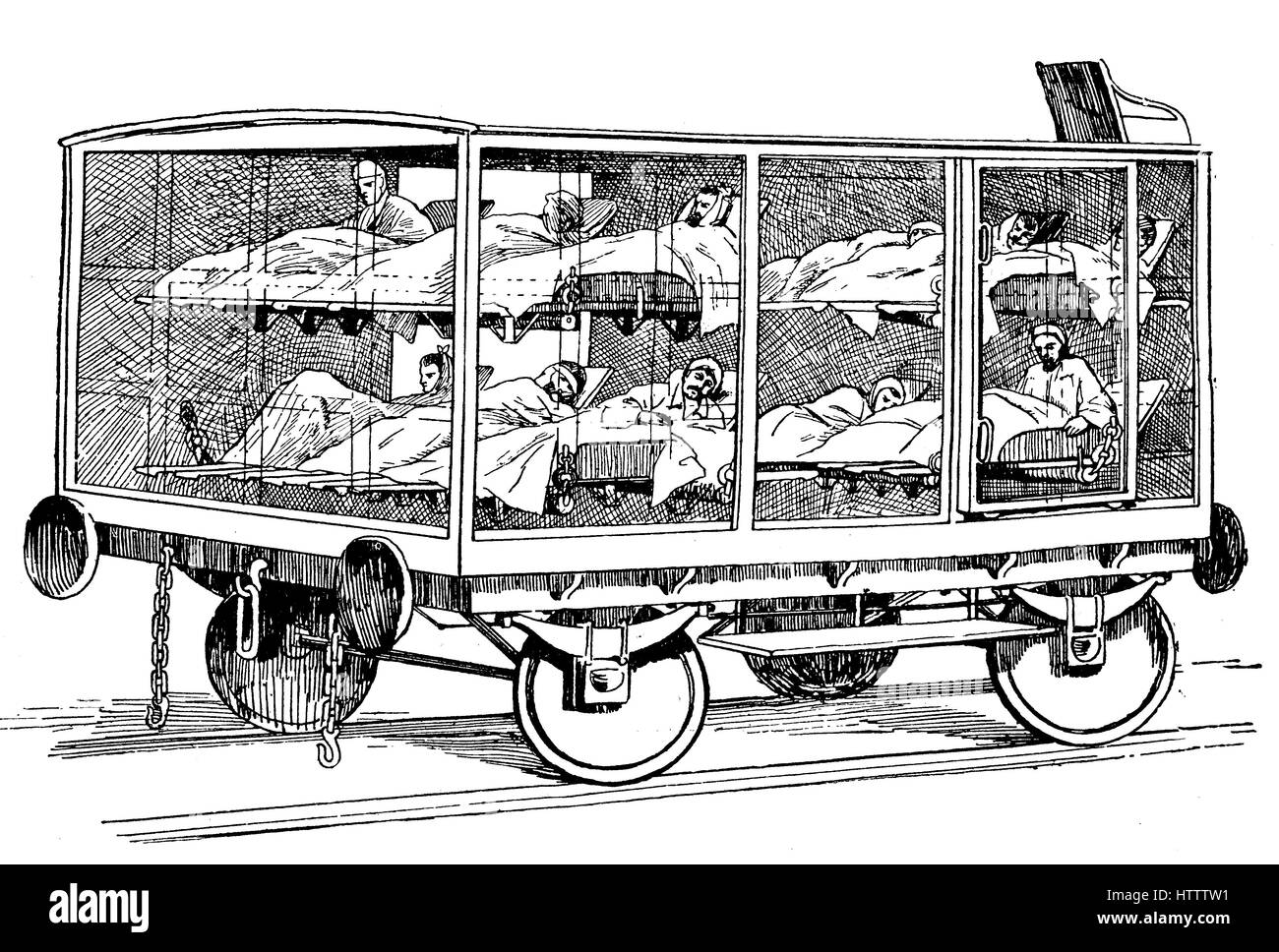 Guerra franco-prussiana 1870 - 1871, un ospedale auto di un treno di medici, lo stato, militari e assistenza infermieristica internazionale, trasporto in guerra la Germania, la riproduzione di una xilografia dal 1882, digitale migliorata Foto Stock