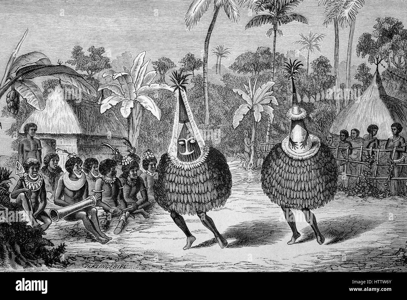 La danza della Duck-Ducks sulle isole della Nuova Britannia arcipelago, ora parte della regione delle isole della Papua Nuova Guinea, la riproduzione di una xilografia dal 1882, digitale migliorata Foto Stock
