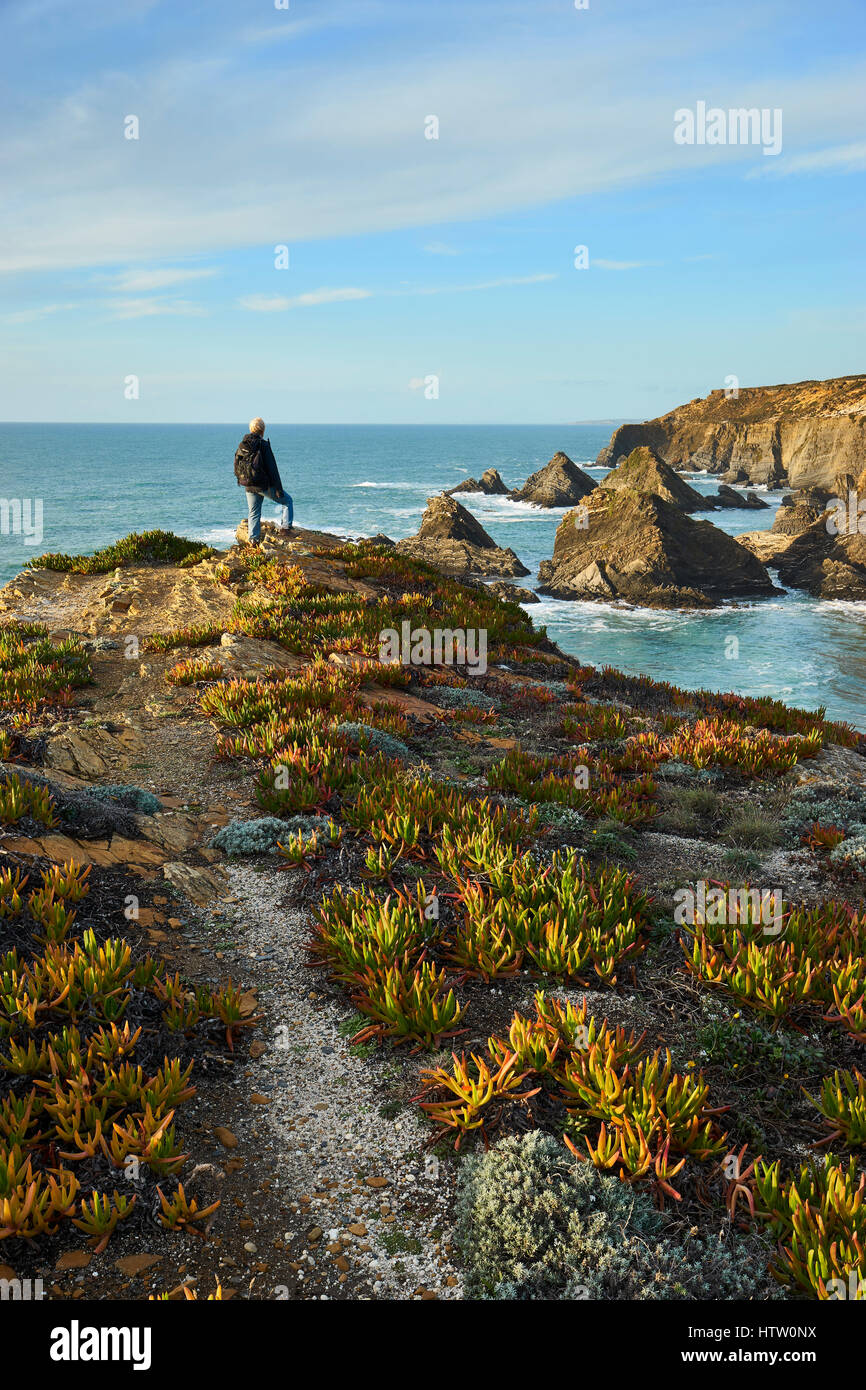 Clifftop paesaggi costieri nei pressi di Cavaleiro, Alentejo, Portogallo Foto Stock