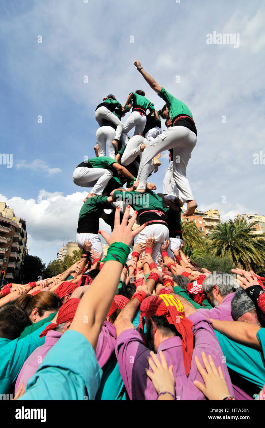 Castellers. Torri Umane. Barcellona, in Catalogna, Spagna Foto Stock