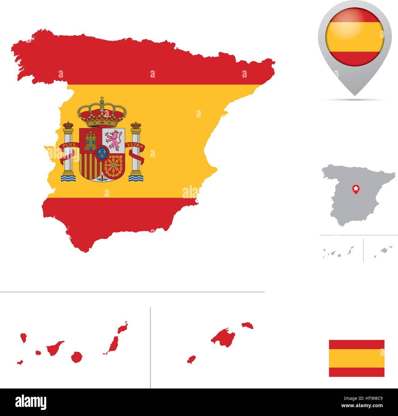 Spagna mappa nella bandiera nazionale colori, bandiera, marker e la posizione di capitale. Illustrazione Vettoriale