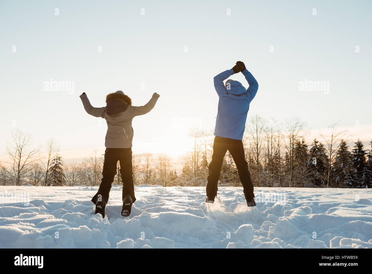 Paio di saltare sul paesaggio innevato Foto Stock