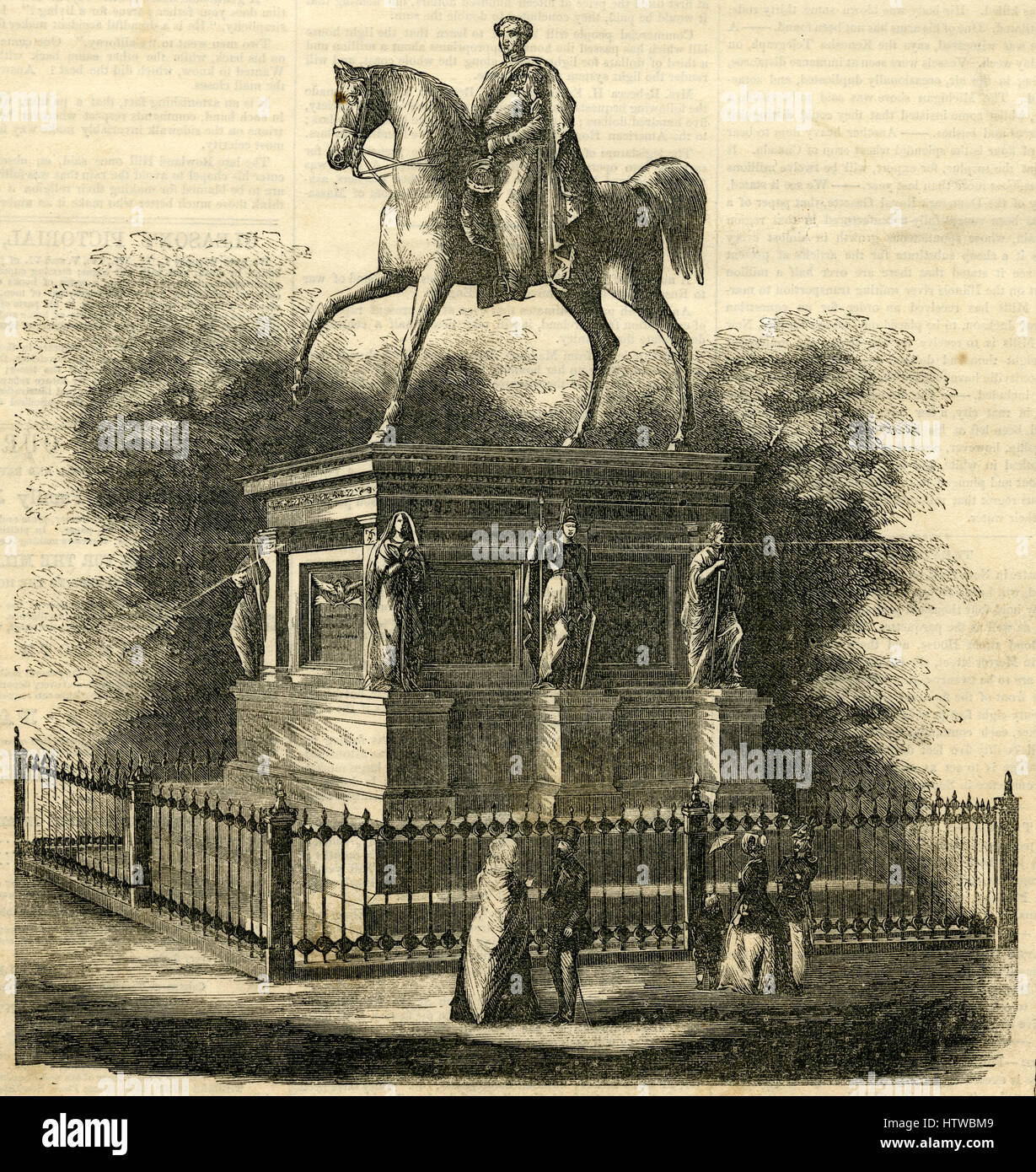 Antica incisione 1854, 'Monument a Guglielmo III re di Prussia, eretto a Konigsberg nel 1851." Fonte: incisione originale. Foto Stock