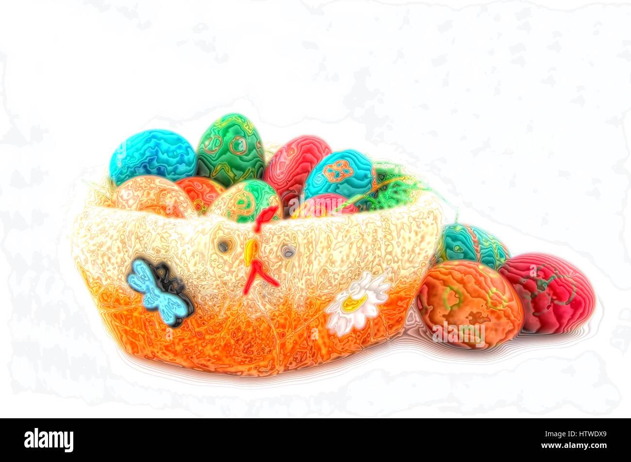 Arte uova di Pasqua nel cesto decorativo Foto Stock