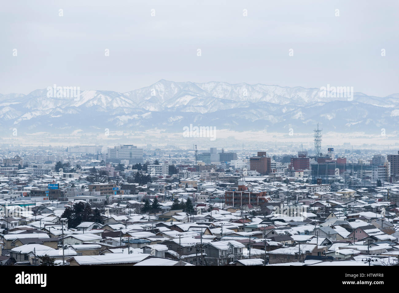 Vista generale della città Aizuwakamatsu, vista da mt.Iimori, Aizuwakamatsu Città, Fukushima Prefettura, Giappone Foto Stock