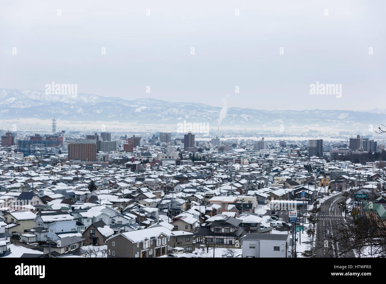 Vista generale della città Aizuwakamatsu, vista da mt.Iimori, Aizuwakamatsu Città, Fukushima Prefettura, Giappone Foto Stock