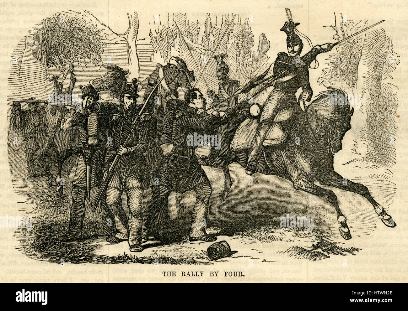 Antica incisione 1854, 'French piedi Chasseurs: Il Rally da quattro.' Chasseur, un termine francese per "HUNTER" è la denominazione data ad alcuni reggimenti del francese e belga di fanteria leggera (chasseurs ˆ pied) o la luce della cavalleria (chasseurs ˆ cheval) per denotare le truppe addestrate per la rapidità di azione. Fonte: incisione originale. Foto Stock