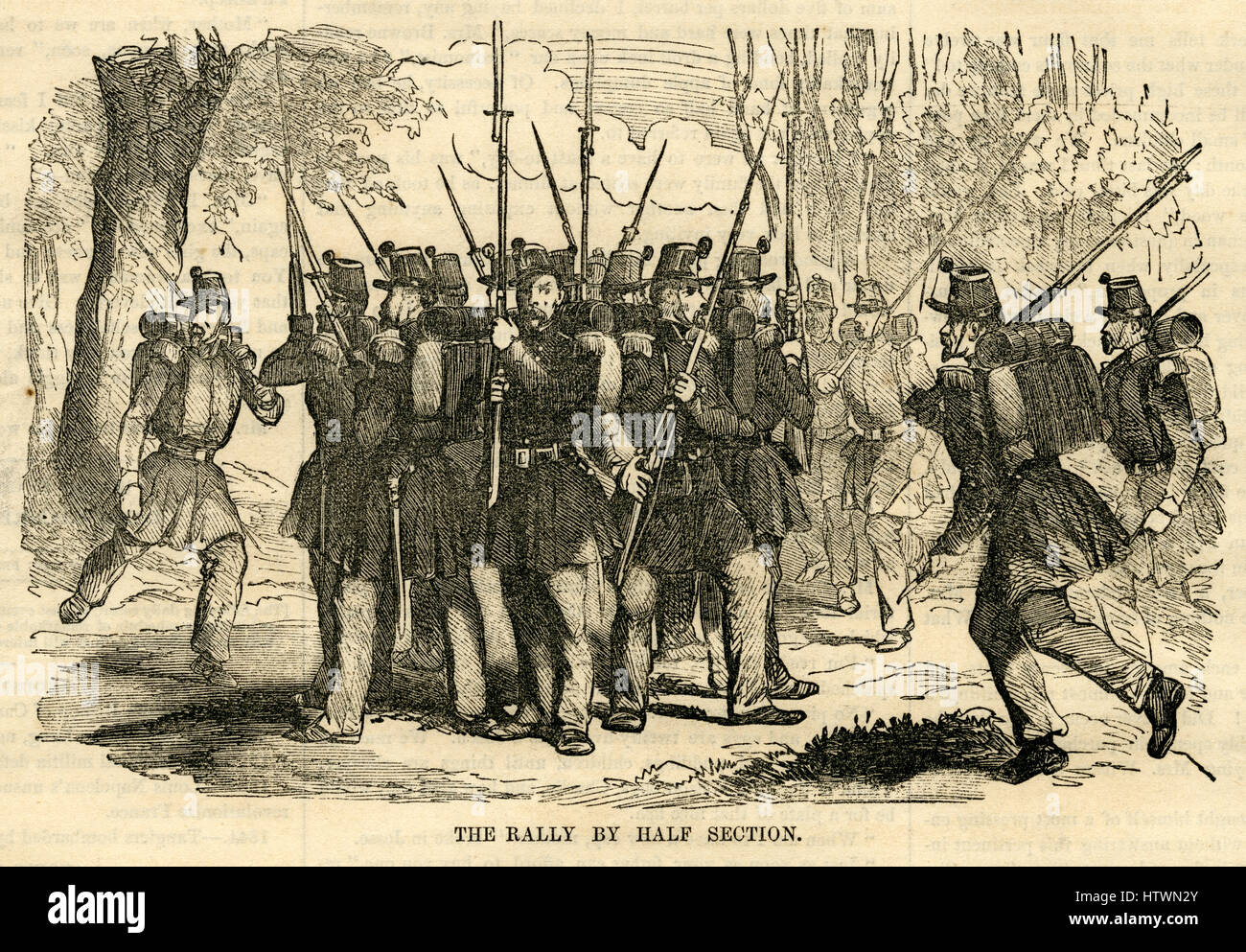 Antica incisione 1854, 'French piedi Chasseurs: Il Rally di metà sezione.' Chasseur, un termine francese per "HUNTER" è la denominazione data ad alcuni reggimenti del francese e belga di fanteria leggera (chasseurs ˆ pied) o la luce della cavalleria (chasseurs ˆ cheval) per denotare le truppe addestrate per la rapidità di azione. Fonte: incisione originale. Foto Stock