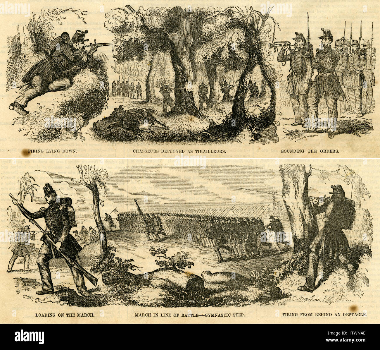 Antica incisione 1854, 'French piedi Chasseurs.' Chasseur, un termine francese per "HUNTER" è la denominazione data ad alcuni reggimenti del francese e belga di fanteria leggera (chasseurs ˆ pied) o la luce della cavalleria (chasseurs ˆ cheval) per denotare le truppe addestrate per la rapidità di azione. Fonte: incisione originale. Foto Stock