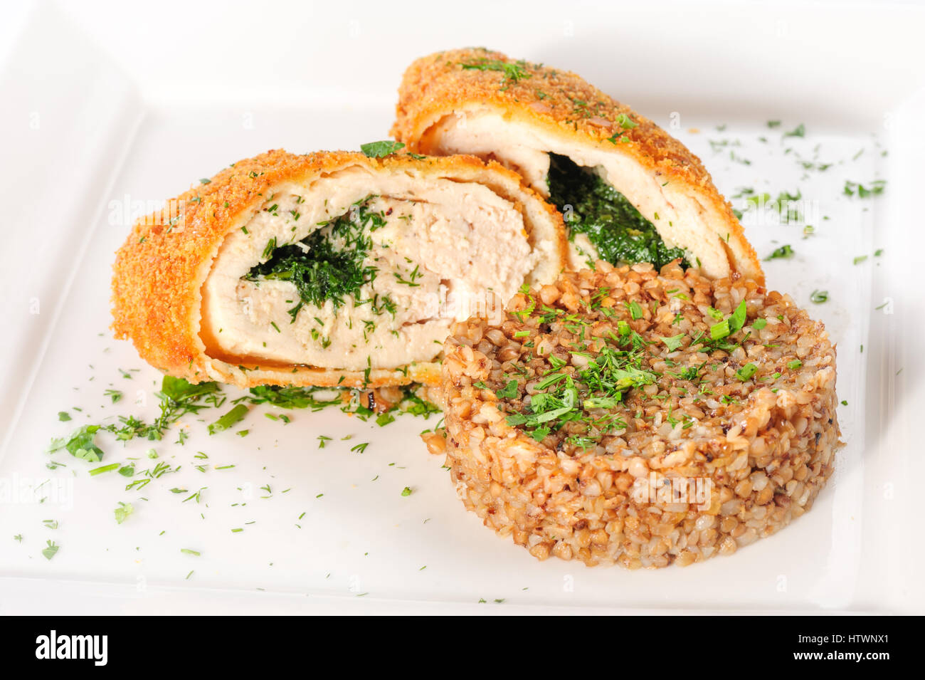 Cotoletta di carne di tacchino con cereali di grano saraceno Foto Stock