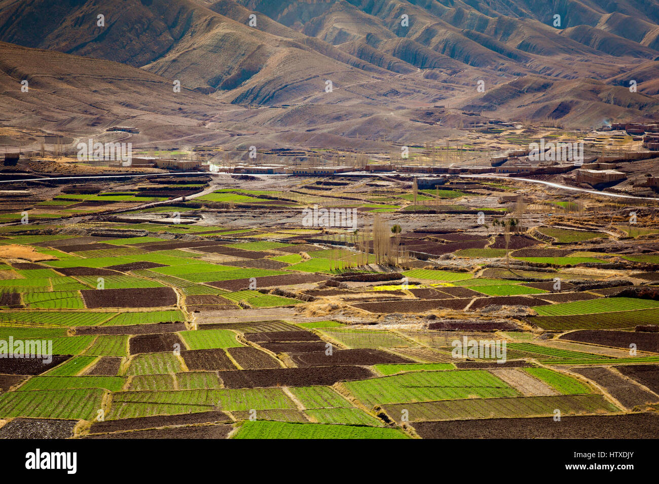 Agricoltura Atlas panorama della valle, Marocco. Panoramica vista aerea della fertile valle . Foto Stock