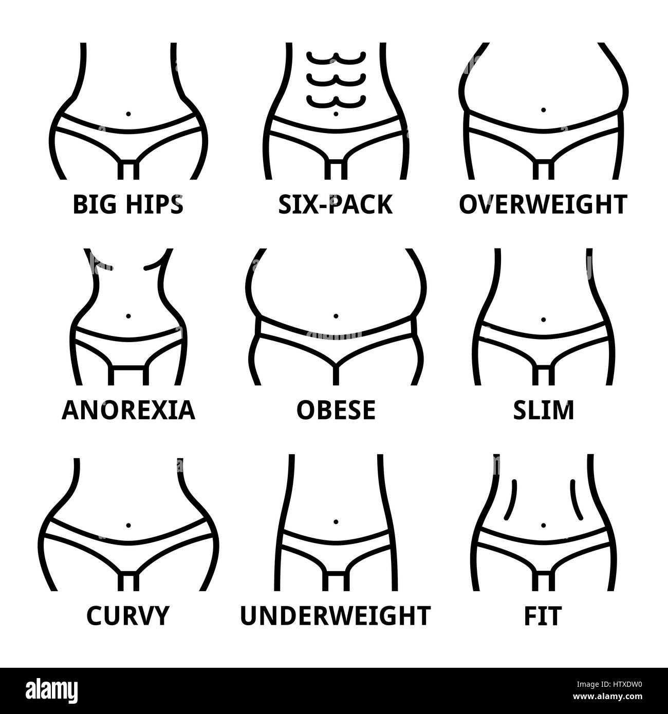Corpo femmina forma - montare, big hips, obesi, sovrappeso, slim, anoressia, six-pack, obesi, grassi, curva Illustrazione Vettoriale