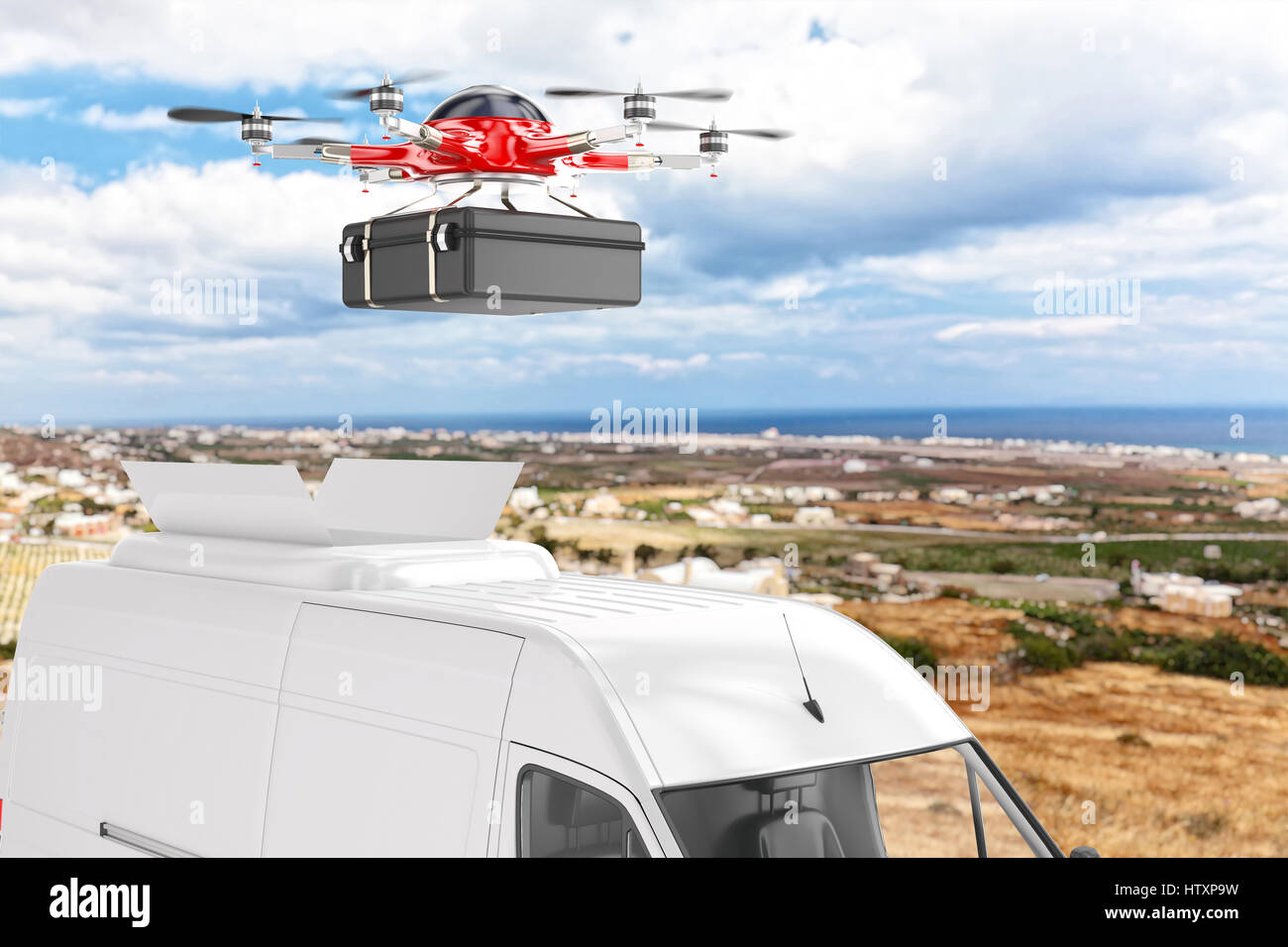 Drone e consegna van 3D rendering immagine Foto Stock