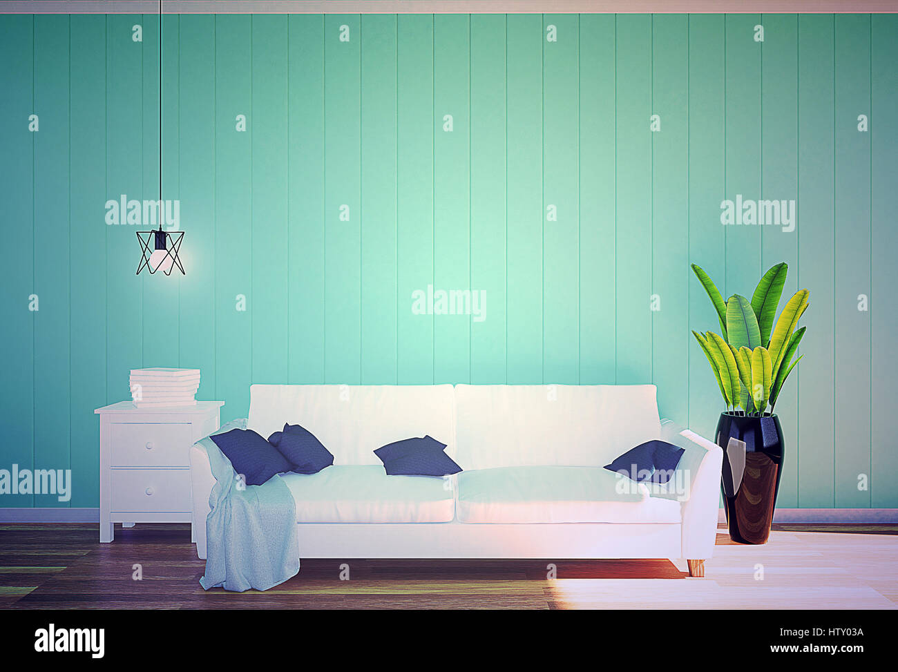 Living room interior - con un divano in pelle bianca e verde del pannello a parete con spazio nel filtro morbido, rendering 3D Foto Stock