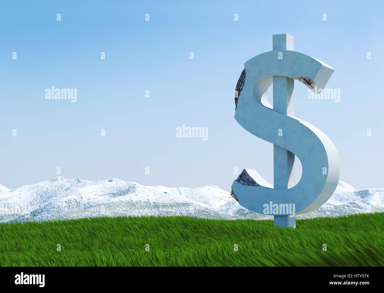 Calcestruzzo danneggiato dollar sign statua isolata sul prato di erba con la montagna innevata e cielo blu come sfondo Foto Stock